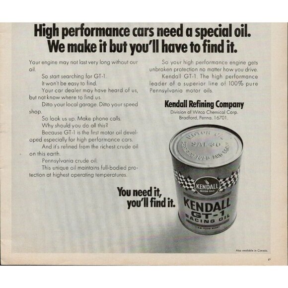 1970 Kendall GT-1 Motor Oil Vintage Print Ad (L12) - Picture 3 of 3